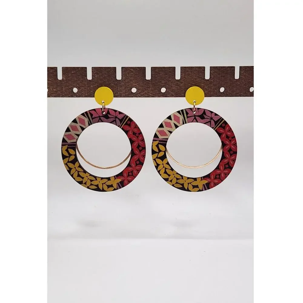 Boho Round Open Hoop Geometric Pattern Mixed Media Wood Statement Earrings